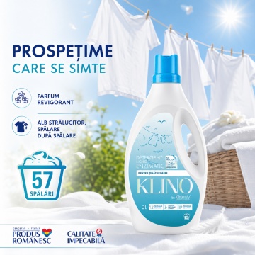 Detergent lichid enzimatic pentru rufe albe KLINO Klintensiv, eficient de la 20°C, fabricat in Romania, parfum revigorant, prospețime de durată, 57 spalari, 2 L, 4x Stickere - Img 4