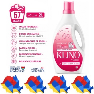 Detergent lichid enzimatic pentru rufe colorate KLINO Klintensiv, eficient de la 20°C, fabricat in Romania, parfum floral, prospetime de durata, 57 spalari, 2 L, 4x Stickere