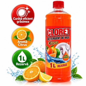 Detergent Lichid pentru Vase Cloret Dishwashing Liquid Citrus, Ideal pentru reumplere, Degresare și Curățare Eficientă, Aromă Citrus, 1 L
