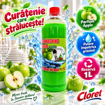 Detergent Lichid pentru Vase Cloret Dishwashing Liquid Citrus, Ideal pentru reumplere, Degresare și Curățare Eficientă, Aromă Apple, 1 L - Img 3