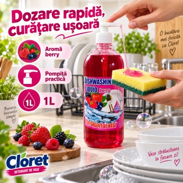 Detergent Lichid pentru Vase Cloret Dishwashing Liquid Citrus, Degresare și Curățare Eficientă, Aromă Berry, 1 L - Img 3