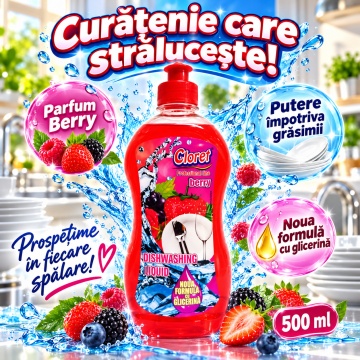 Detergent Lichid pentru Vase Cloret Dishwashing Liquid Citrus, Degresare și Curățare Eficientă, Aromă Berry, 500 ml - Img 3