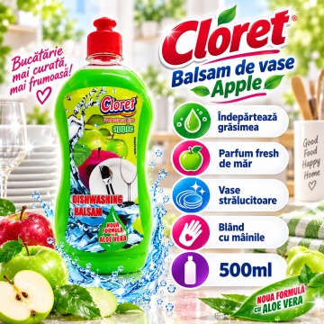 Detergent Lichid pentru Vase Cloret Dishwashing Liquid Citrus, Degresare și Curățare Eficientă, Aromă Apple, 500 ml - Img 3