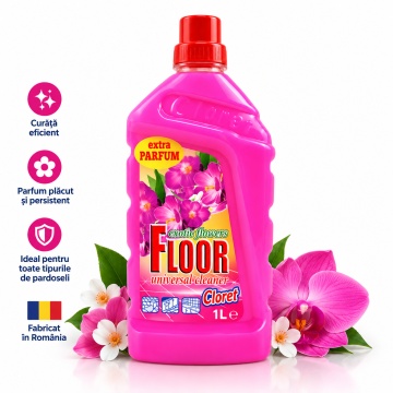 Detergent Pardoseli Cloret Flori Exotice, Curățare Zilnică, Fără Clătire, pentru Mop și Lavetă, Parfum Floral Intens, Fabricat în România, 1 L - Img 3
