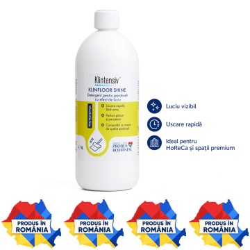 Detergent pardoseli Klintensiv KLINFLOOR SHINE, concentrat, efect de luciu, fără clătire, uscare rapidă, pentru gresie, granit, marmură, ceramică și porțelan, 1 L, 4x Stickere