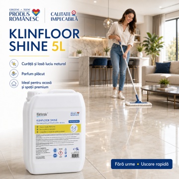 Detergent profesional pardoseli Klintensiv KLINFLOOR SHINE, concentrat cu efect de luciu, parfum remanent, spumare redusă, pentru mop și mașini de curățat pardoseli, canistră 5 L, 4x Stickere - Img 5