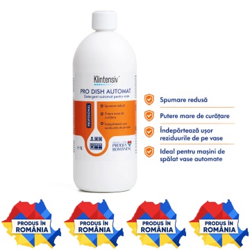 Detergent vase pentru mașini automate Klintensiv PRO DISH, profesional alcalin, concentrat, spumare redusă, pentru grăsime întărită, pete de cafea, ceai, ou și amidon, 1 L, 4x Stickere