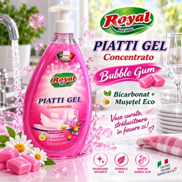 Detergent Vase Profesional Concentrat Royal Hygiene Piatti Gel Concentrato Bubble Gum, cu Bicarbonat și Mușețel, Formulă Eco Italiană, Fabricat în România, 800 ml