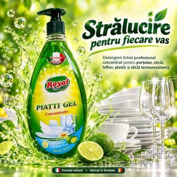 Detergent Vase Profesional Concentrat Royal Hygiene Piatti Gel Concentrato Lămâie Verde, cu Bicarbonat și Mușețel, Formulă Eco Italiană, Fabricat în România, 800 ml - Img 3