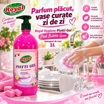 Detergent Vase Profesional Concentrat Royal Hygiene Piatti Gel Concentrato Bubble Gum, Concentrat HoReCa, cu Bicarbonat și Mușețel, Formulă Eco Italiană, Fabricat în România, 1 L - Img 3