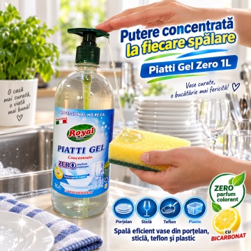 Detergent Vase Profesional Concentrat Royal Hygiene Piatti Zero, Concentrat HoReCa, Fără Parfum și Coloranți, cu Bicarbonat și Mușețel, Formulă Eco Italiană, Fabricat în România, 1 L - Img 3