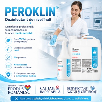 Dezinfectant de nivel înalt Peroklin Klintensiv, profesional, pentru suprafețe, instrumentar și dispozitive medicale, bactericid, levuricid, fungicid, virucid, micobactericid, tuberculocid și sporicid, 1 L, 4x Stickere - Img 2