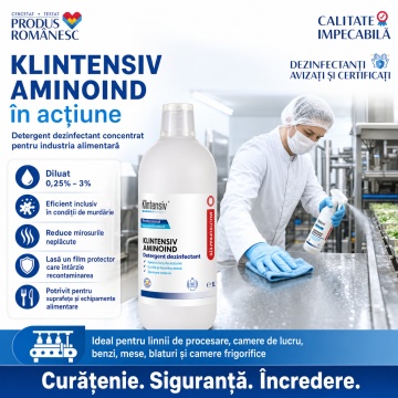 Dezinfectant detergent concentrat Klintensiv Aminoind, pentru industria alimentară, TP4, curățare și dezinfecție, bactericid și levuricid în 5 minute, film protector, 1 L, 4x Stickere - Img 3