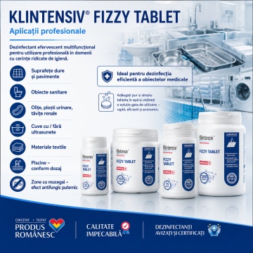 Dezinfectant efervescent Klintensiv Fizzy Tablet, TP2, spectru larg, pentru suprafețe dure, pavimente, textile, instrumentar și obiecte medicale, aviz biocid, 150 tablete, 4x Stickere - Img 2