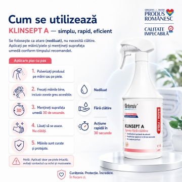 Dezinfectant mâini și piele Klinsept A, hidroalcoolic, 85% etanol, fără clătire, testat dermatologic, pentru dezinfectare igienică și chirurgicală, 1 L, 4x Stickere - Img 3
