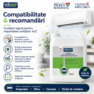 Dezinfectant pentru Aer Condiționat KlinAll Klintensiv, soluție gata de utilizare, bactericidă, fungicidă, levuricidă, micobactericidă și virucidă, pentru unități interioare A/C, 5 L, 4x Stickere auto - Img 5