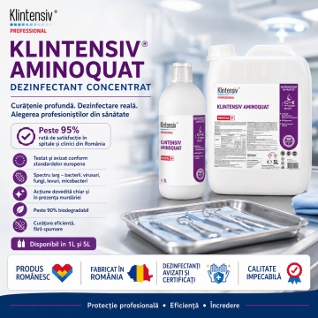 Dezinfectant profesional concentrat Klintensiv Aminoquat, pentru spitale, clinici, ambulanțe, cabinete stomatologice, saloane și instituții, biodegradabil peste 90%, canistră 5 L, 4x Stickere - Img 2