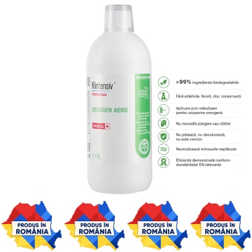 Dezinfectant profesional pentru suprafețe prin nebulizare Desogen Aero Klintensiv, ceață uscată, gata de utilizare, bactericid, levuricid, fungicid, virucid, micobactericid, tuberculocid și sporicid, 1 L, 4x Stickere