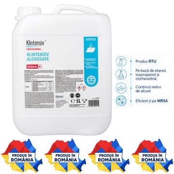 Dezinfectant profesional suprafețe Klintensiv Alchosafe, fără aldehide, clor și fenoli, bactericid, levuricid, fungicid, virucid, micobactericid și tuberculocid, aviz biocid, canistră 5 L, 4x Stickere