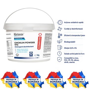Dezinfectant pulbere Oxoklin Powder, TP4, pentru suprafețe și ustensile industria alimentară, generează acid peracetic, bactericid, levuricid, virucid și micobactericid, cu lingură dozatoare, 4x Stickere