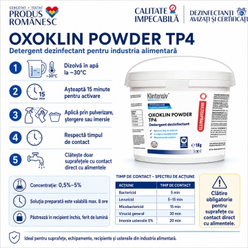 Dezinfectant pulbere Oxoklin Powder, TP4, pentru suprafețe și ustensile industria alimentară, generează acid peracetic, bactericid, levuricid, virucid și micobactericid, cu lingură dozatoare, 4x Stickere - Img 3
