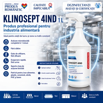 Dezinfectant suprafețe alimentare Klinosept 4Ind, soluție profesională cu 85% etanol, fără clătire, bactericid, fungicid, virucid și micobactericid, HoReCa, 1 L, 4x Stickere - Img 2