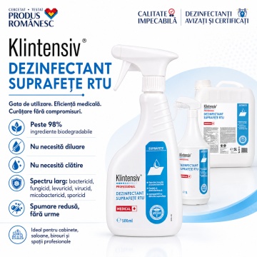 Dezinfectant suprafețe profesionale RTU Klintensiv, gata de utilizare, bactericid, fungicid, levuricid, virucid, micobactericid și sporicid, fără clătire, aviz biocid, 500 ml, 4x Stickere - Img 2