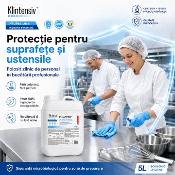 Dezinfectant suprafețe și pavimente Klinopro, soluție profesională pentru HoReCa, bucătării industriale, depozite alimentare și pavimente, bactericid, fungicid, virucid, canistră 5 L, 4x Stickere - Img 2