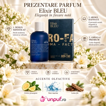 Prezentare parfum Elixir Bleu Aro-Fac Lazuli cu accente olfactive și ambalaj premium