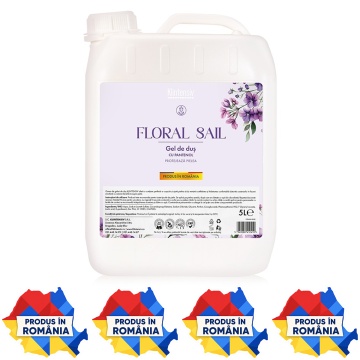 Gel de duș Klintensiv Floral Sail, formulă profesională cu parfum floral fresh, efect emolient și protector, peste 94% ingrediente biodegradabile, ideal pentru hoteluri, pensiuni, firme, spații publice și reumplere, bidon 5 L, 4x Stickere