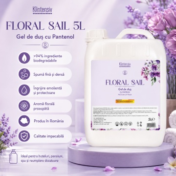 Gel de duș Klintensiv Floral Sail, formulă profesională cu parfum floral fresh, efect emolient și protector, peste 94% ingrediente biodegradabile, ideal pentru hoteluri, pensiuni, firme, spații publice și reumplere, bidon 5 L, 4x Stickere - Img 3