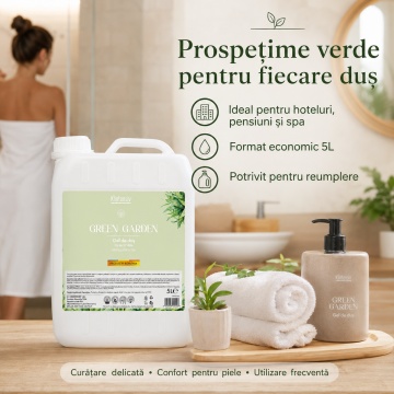 Gel de duș Klintensiv Green Garden, formulă profesională cu Aloe Vera, D-Panthenol și Zinc PCA, aromă fresh, peste 94% ingrediente biodegradabile, ideal pentru hoteluri, pensiuni, firme și spații publice, 5 L, 4x Stickere - Img 3