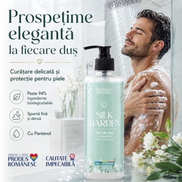 Gel de duș Klintensiv Silk Garden, aromă elegantă catifelată, spumă fină, efect emolient și protector, cu D-Panthenol, Zinc PCA și glicerină, peste 94% ingrediente biodegradabile, 400 ml, 4x Stickere - Img 3