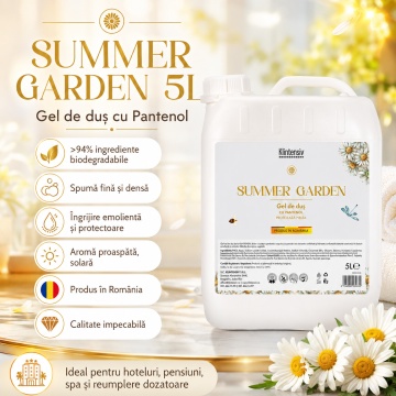Gel de duș Klintensiv Summer Garden, formulă profesională cu parfum fresh de vară, efect emolient și protector, peste 94% ingrediente biodegradabile, ideal pentru hoteluri, pensiuni, firme, spații publice și reumplere, bidon 5 L, 4x Stickere - Img 3