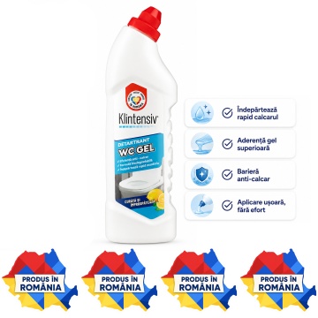 Gel detartrant WC și suprafețe ceramice Klintensiv, anticalcar profesional, textură gel, aderență pe suprafețe verticale, pentru baie, gresie, faianță, ceramică, cabine duș și inox rezistent, 750 ml, 4x Stickere