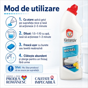 Gel detartrant WC și suprafețe ceramice Klintensiv, anticalcar profesional, textură gel, aderență pe suprafețe verticale, pentru baie, gresie, faianță, ceramică, cabine duș și inox rezistent, 750 ml, 4x Stickere - Img 3