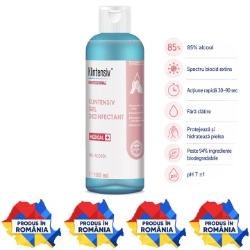 Gel dezinfectant mâini Klintensiv, profesional, 85% etanol, bactericid, levuricid, fungicid și virucid, fără clătire, pentru geantă și călătorii, 100 ml, 4x Stickere