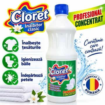 Înălbitor Clasic Cloret, Profesional Concentrat pentru Rufe Albe și Igienizarea Băii, Îndepărtează Petele și Murdăria, Curățare Intensivă, 1 L