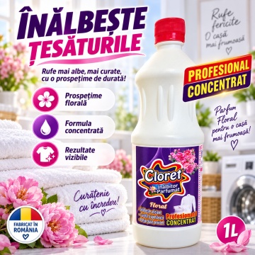 Înălbitor Parfumat Floral Cloret, Profesional Concentrat pentru Rufe Albe și Igienizarea Băii, Îndepărtează Petele și Murdăria, Parfum Floral, 1 L - Img 3