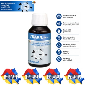 Insecticid lichid concentrat TRAKIL FORTE, pentru combaterea insectelor zburătoare, interior și exterior, muște, țânțari, molii și viespi, aviz biocid, 100 ml, 4x Stickere