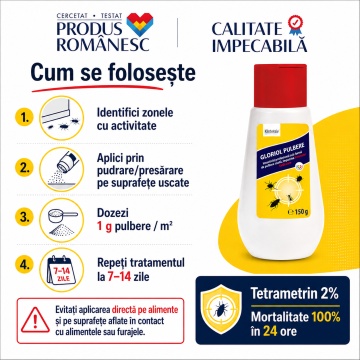 Insecticid pulbere GLORIOL, pentru insecte târâtoare, furnici și gândaci, cu Tetrametrin 2%, aplicare prin pudrare, pentru zone greu accesibile, canalizare, țevi, panouri electrice și exterior, 150 g, 4x Stickere - Img 4