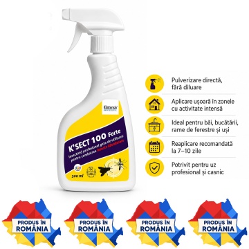 Insecticid spray K-Sect 100 Forte, gata de utilizare, pentru insecte zburatoare dăunătoare, insecticid, acaricid și control artropode, cu Cipermetrin, Piperonil butoxid și Tetrametrin, 500 ml, 4x Stickere