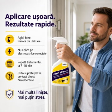 Insecticid spray K-Sect 100 Forte, gata de utilizare, pentru insecte zburatoare dăunătoare, insecticid, acaricid și control artropode, cu Cipermetrin, Piperonil butoxid și Tetrametrin, 500 ml, 4x Stickere - Img 4