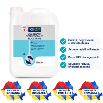 KlinAll Degresant Dezinfectant Bucătărie Klintensiv, curăță, degresează și dezinfectează în 5 minute, biodegradabil peste 98%, pentru HoReCa și uz profesional, 5 L, 4x Stickere