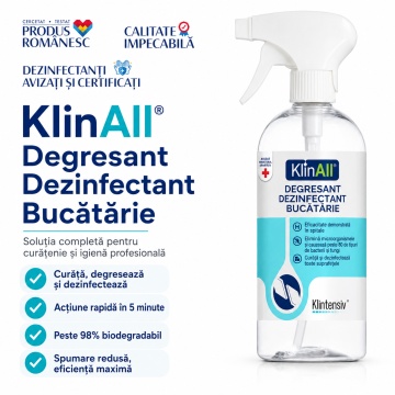 KlinAll Degresant Dezinfectant Bucătărie Klintensiv, curăță, degresează și dezinfectează în 5 minute, biodegradabil peste 98%, pentru HoReCa și uz profesional, 500 ml, 4x Stickere - Img 2
