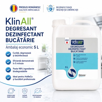 KlinAll Degresant Dezinfectant Bucătărie Klintensiv, curăță, degresează și dezinfectează în 5 minute, biodegradabil peste 98%, pentru HoReCa și uz profesional, 5 L, 4x Stickere - Img 2