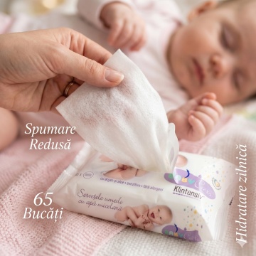 Klintensiv Baby șervețele umede biodegradabile, cu apă micelară, argan și aloe, pentru bebeluși și copii, curățare blândă și hidratare, testate dermatologic, fabricate în România, 40 bucăți, 4x Stickere - Img 5
