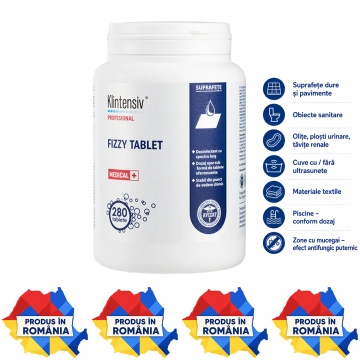 Klintensiv Fizzy Tablet dezinfectant profesional sub formă de tablete efervescente, bactericid, levuricid, fungicid, virucid, micobactericid, tuberculocid și sporicid, aviz biocid, 280 tablete, 4x Stickere
