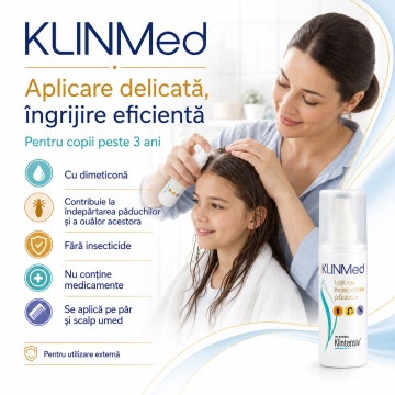 Loțiune antipăduchi KLINMed cu dimeticonă, pentru păduchi de cap și ou lindini, fără insecticide sau medicamente, pentru copii peste 3 ani și adulți, 100ml, 4x Stickere - Img 3