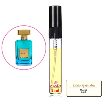 Mostra fiola din Elixir Marhaba, decant sticla cu pulverizator